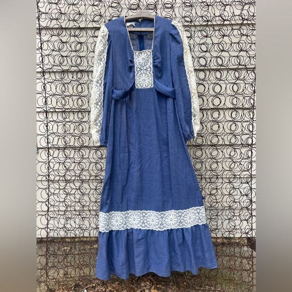 Vintage 70s Blue Crepe Lace Boho Cottagecore Prairie Maxi Dress PBJ by Jerrel 5 - Picture 1 of 6